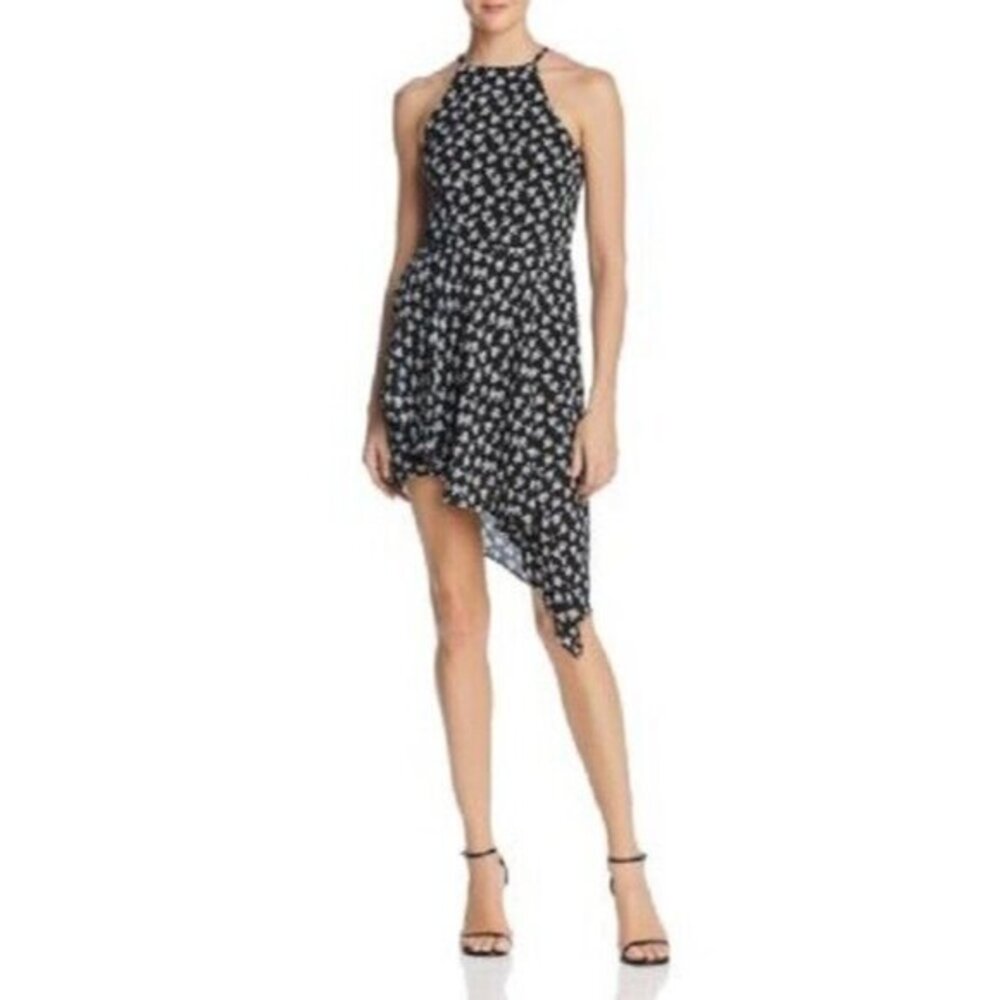 Aqua Floral Print Halter Mini Dress Crepe Black White Asymmetrical Hem SZ XS New